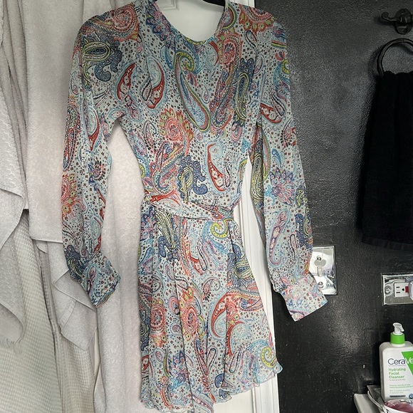 Meghan Fabulous Dress Paisley Print  Mini Knot Side Wrap Long Sleeve Sheer - Picture 4 of 4